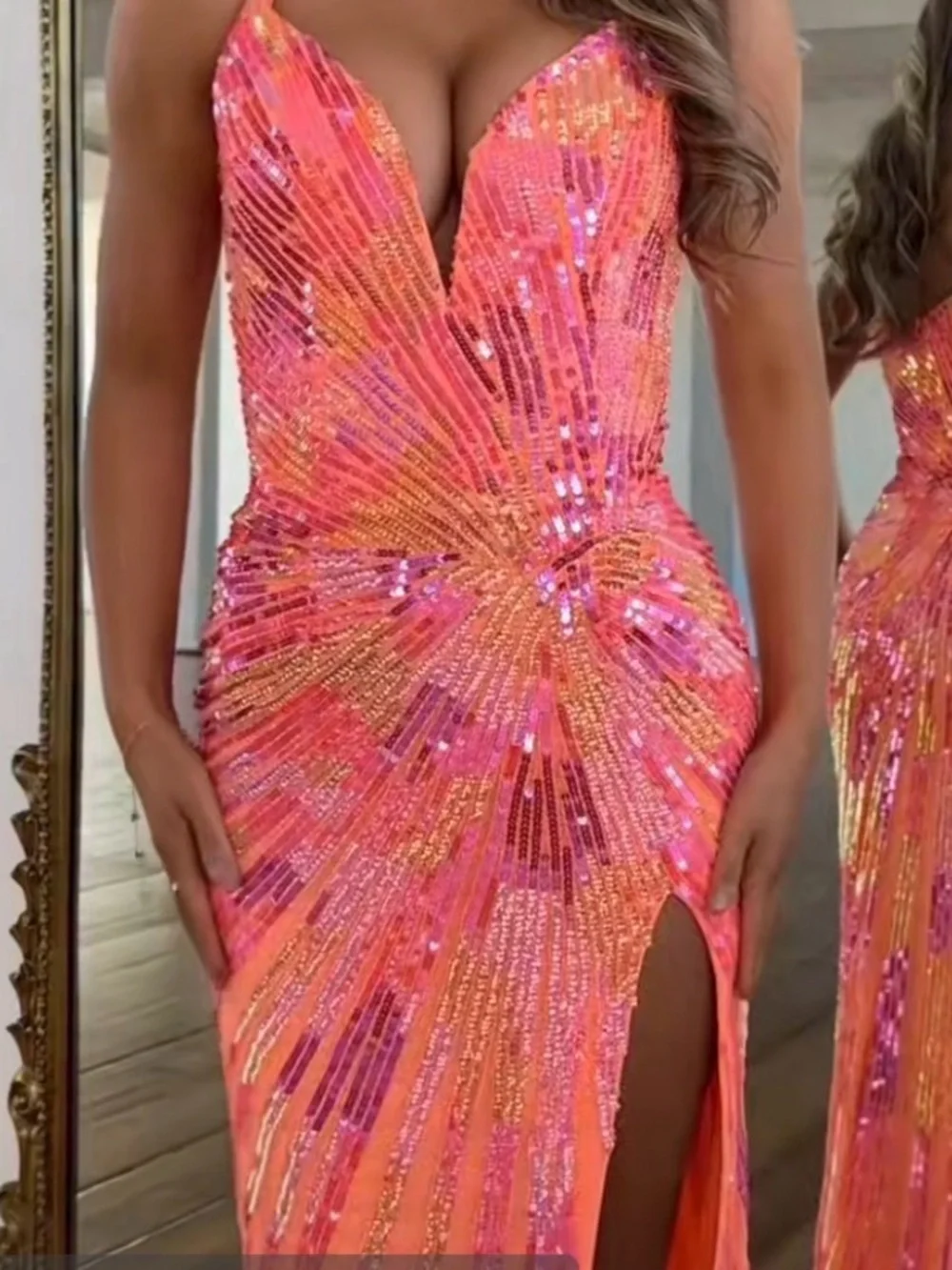 Sparkling Coral-Orange Sequin Prom Dress with Plunge V-Neck - Picture 1 of 5